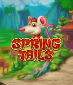 An enchanting illustration of a mouse dressed in traditional Chinese attire standing in a vibrant mountain backdrop. The image is for the Spring Tails Slot by Betsoft, showcased with striking gold and red logo lettering.