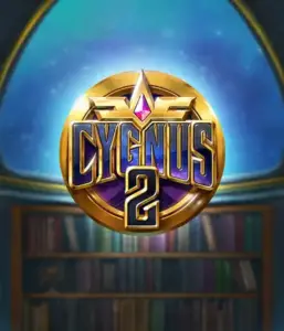 Discover the captivating graphics of ELK Studios' Cygnus 2 Slot, showcasing a luxurious golden emblem with a shining design in purple and gold. Set against a mystical library setting, this image evokes the essence of adventure and mystery. 