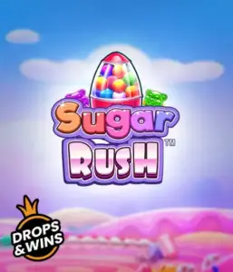 Experience the delightful world of the Sugar Rush slot game by Pragmatic Play, featuring a vibrant candy dispenser on a dreamy candy landscape. This graphic captures the fun and excitement of the slot, highlighted with bright candies and enticing typography. Great for players seeking a sweet adventure, offering hours of fun. 